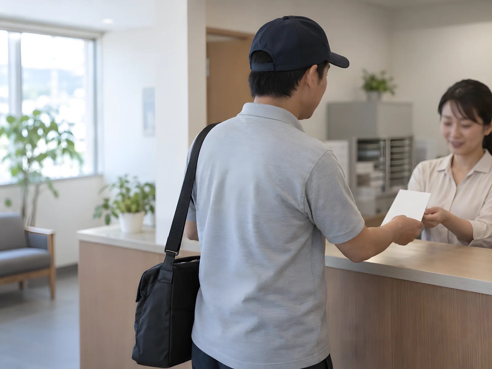 受付カウンターで、案内状を手渡している様子